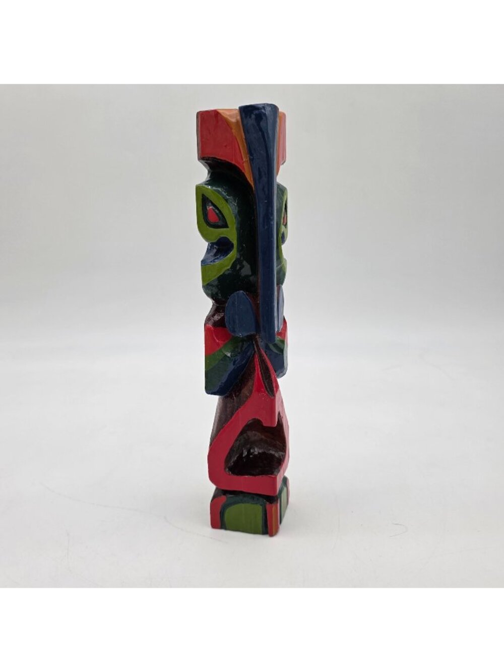 Wooden Totem Pole Figurine Red Green Blue Accents Signed 9" Hand-Carved Painted